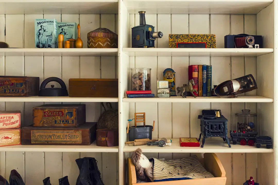 a shelf filled with lots of different types of items